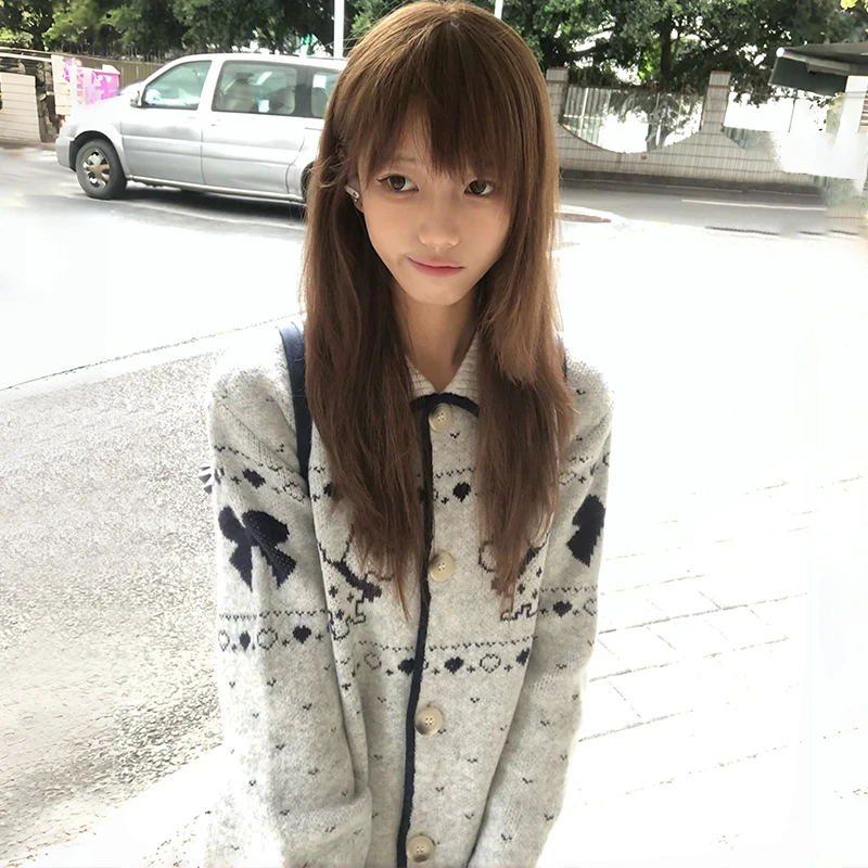 Karrram Japanese Y2k Puppy Embroidered Cardigan 2000s Style Turn-down Collar Knitted Outerwears Vintage Harajuku Knitwear Korean