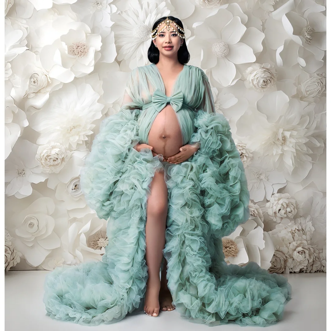 

Mint Green Prom Dresses Tulle Ruffles Maternity Dress Customized Layers vestido de novia Long Sleeves Photography Props