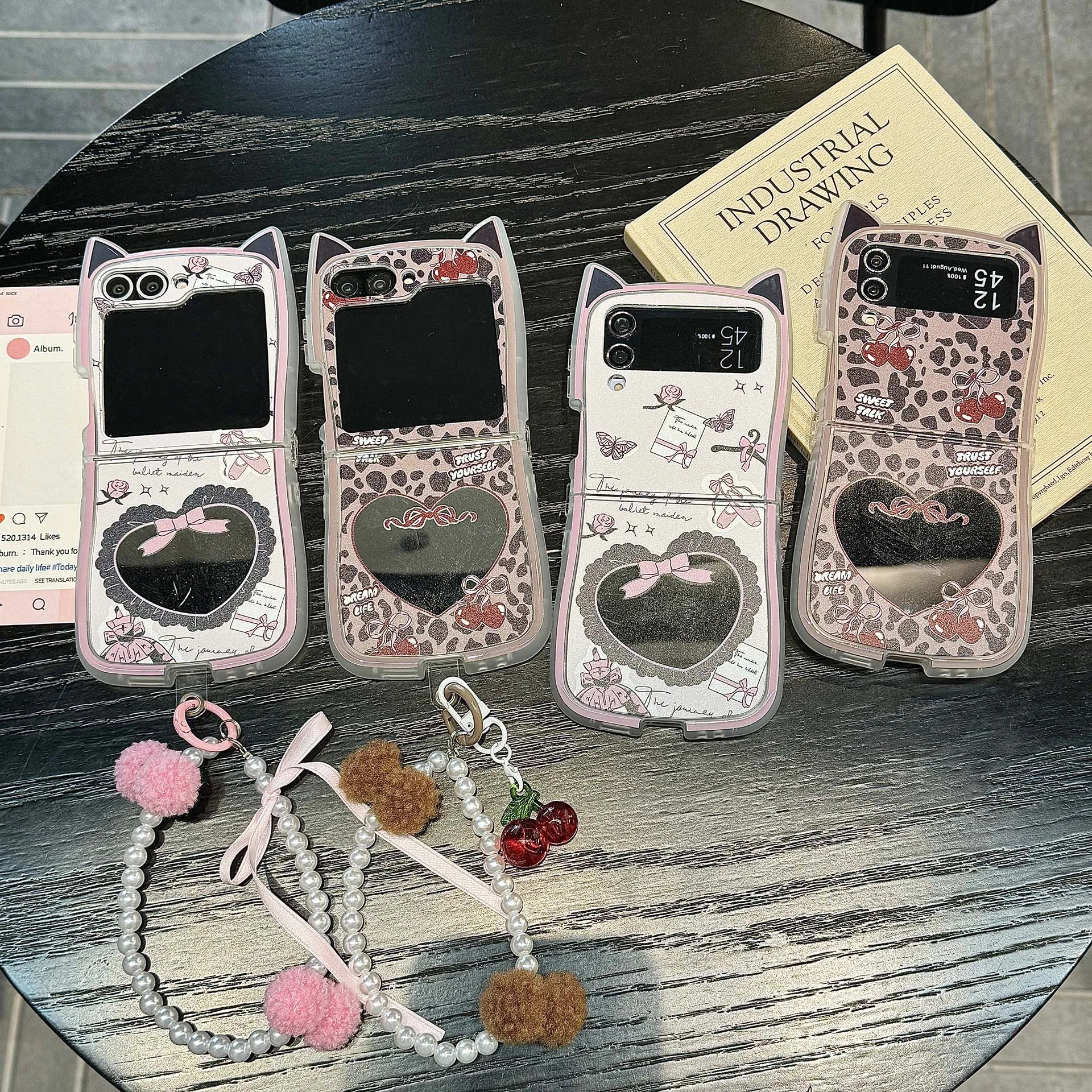 bonito-3d-gato-orelha-amor-espelho-caso-de-telefone-para-samsung-galaxy-z-flip-3-4-5-6-7-flip6-flip7-com-cordao-ballet-sapatos-arco-capa-traseira