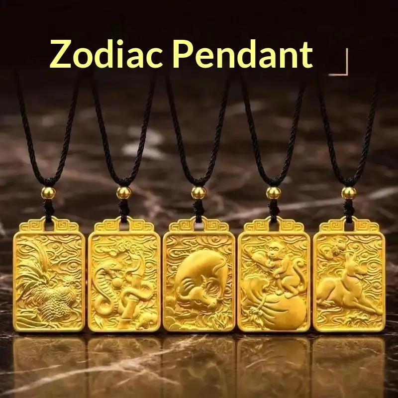Gold Plated Chinese Zodiac Pendant Necklace Engraved Auspicious Patterns Adjustable Rope For Daily Wear Gifting