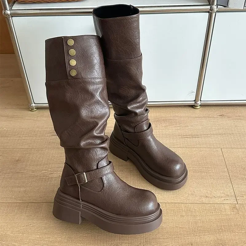 2026 Neue Damen-Overknee-Stiefel, klobige Plateau-Reiterstiefel, Frühling/Herbst, modisches Design mit zweifach faltbarer Manschette – Detail 8