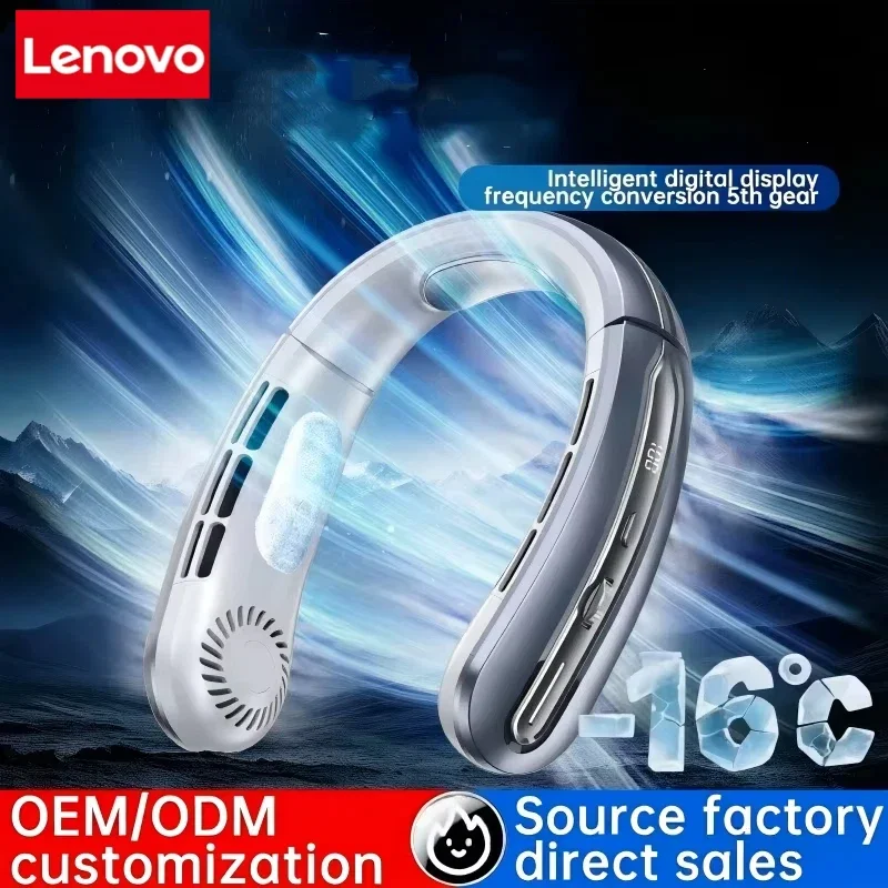 Lenovo Hanging Neck Fan Digital Display Power Ventilador Bladeless Neckband Fan Mini Air Cooler USB Rechargeable Electric Fans