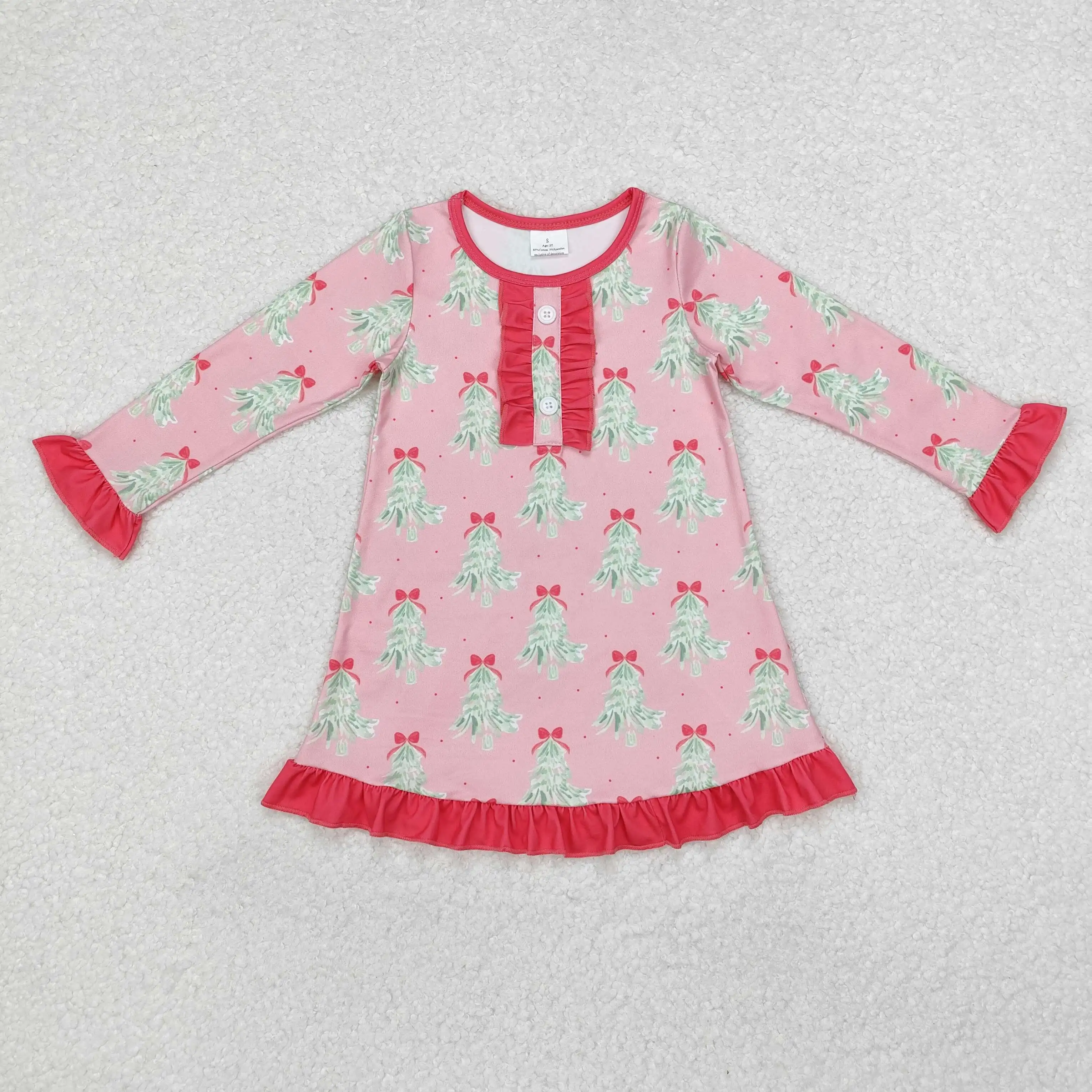 Factory RTS Infant Toddler Christmas Tree Bows Baby Girl Long Sleeves Ruffle Dress One Piece Kid Children Knee Length Clothing