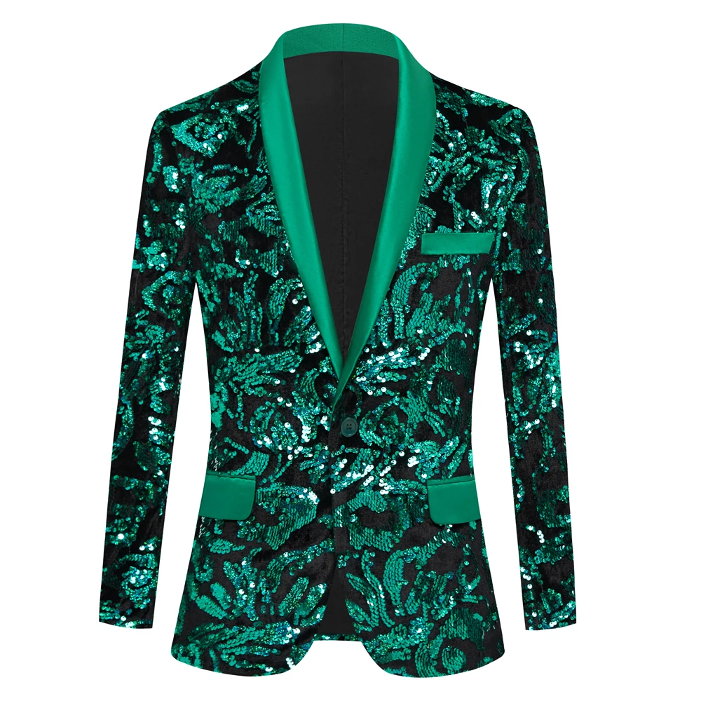 

Mens Shiny Green Sequins Blazer 2022 Stylsih Shawl Collar One Button Tuxedo Floral Suit Jacket Party Wedding Groom Costume Homme