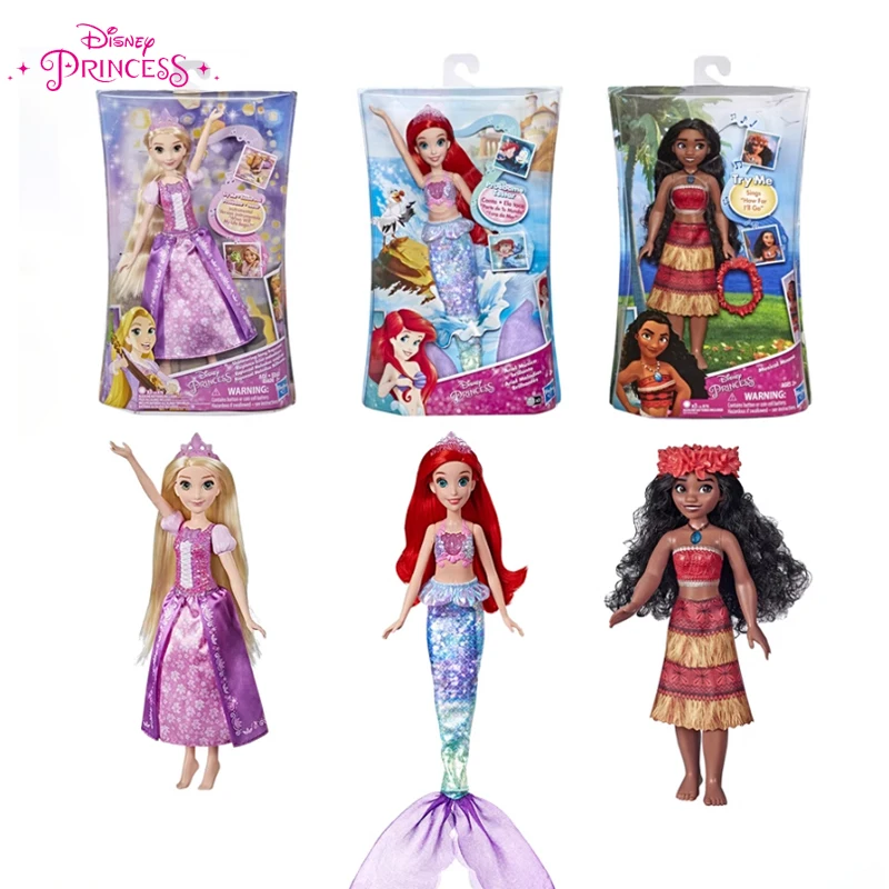 Original Disney Princess Sound Series Singing Doll Ariel Rapunzel Moana Cartoon Sound and Light Fashion Doll Girl Birthday Gifts