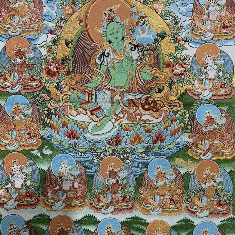 35.4″ Green Tara Statue Brocade Tibetan Tangka Embroidery Painting Gold Thread Embroidery Decorative Hanging Pictures