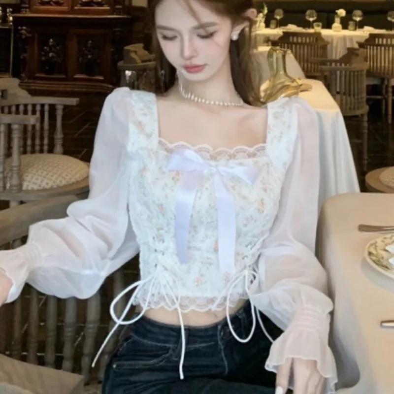 Square Collar Blouses for Women Long Sleeve Thin Summer Female Korean Style Slim All-match Casual Breathable Young Girls Lace-up