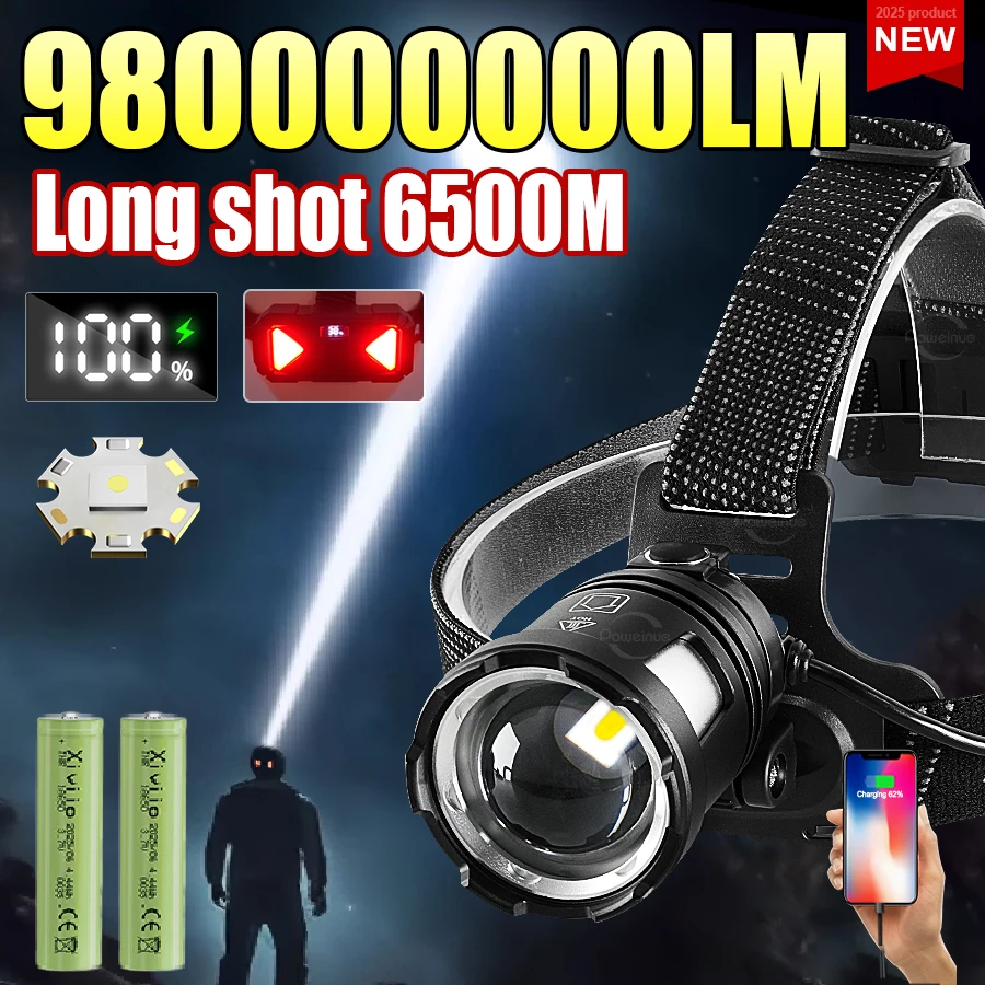 Ultra Powerful LED Headlamp 980000000LM Super Bright Long Range 6500m Headlight Rechargeable Head Torch Fishing Head Lantern
