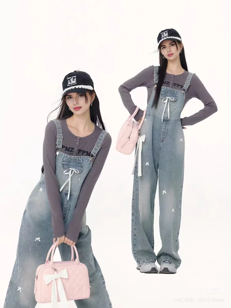 2024 Women Winter y2k Baggy Coquette Bow Denim Jumpsuits Kawaii Cute Dungarees Overalls for Mori kei girl Clothes Free Shiping