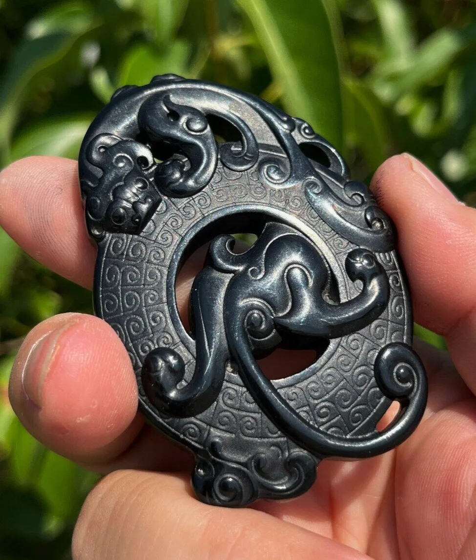 CERTIFIED 58g 100% NATURAL HOTAN BLACK JADE HAND CARVED Auspicious Beast PENDANT