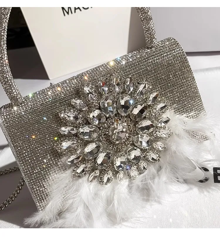 Fashion Ostrich Hair Square Bag Crystal Shiny Diamonds Evening Bag Glitter Women Handbag Wedding Party Clutch Purse Shoulder Bag