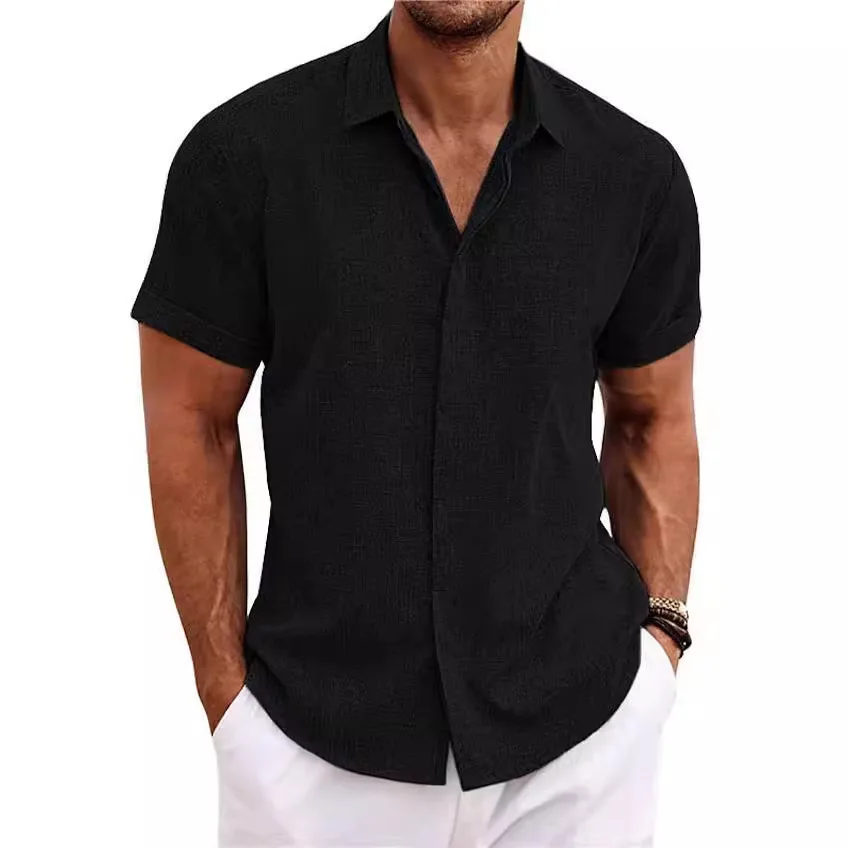 Moda masculina casual cor sólida camisas botão linho algodão manga curta formal camiseta masculina lapela básica fina topos uso diário