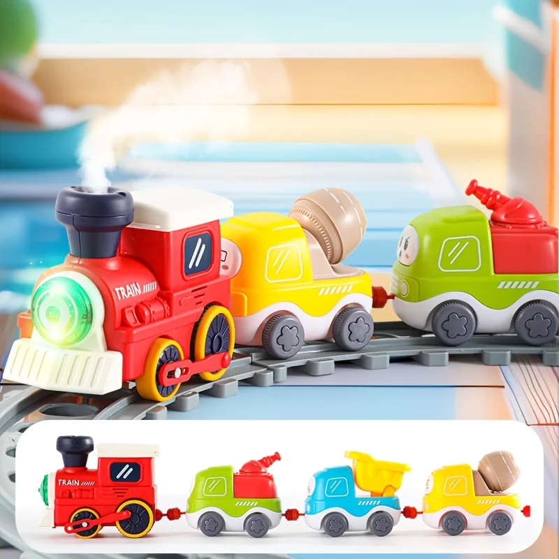 รถไฟไอน้ำของเล่นเด็ก รถไฟรางไฟฟ้า ของขวัญสำหรับเด็กชายและเด็กหญิง รถรางไอน้ำพร้อมไฟและเสียงเพลง ชุดรถไฟวิศวกรรมขนาดเล็ก