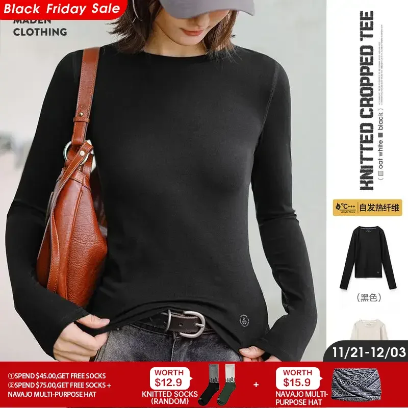 Maden Women Long Sleeve Knitted Tops Solid Color Round Neck Bottoming Shirt Slim Fit Warm Inner Top T-shirt for Autumn Winter