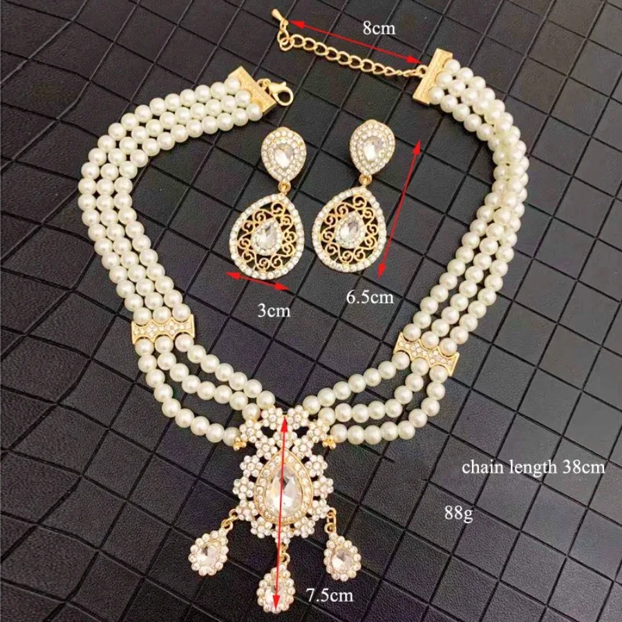 Algerian Wedding Jewelry Set for Women Pearl Necklace Choker Crystal Pendant Earrings Luxury Dubai Jewelry Elegant Sets Fashion