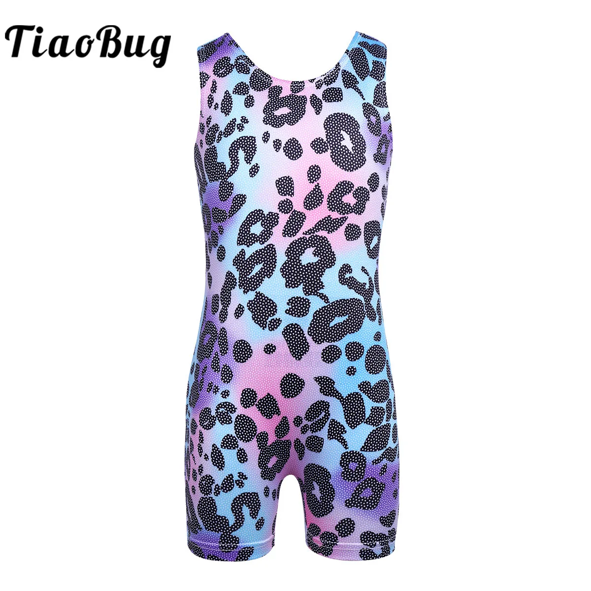 

Kids Girls Sleeveless Leopard Gymnastics Ballet Leotard Dancewear Shiny Splice Sports Gym Bodysuit Shorty Jumpsuit Unitard