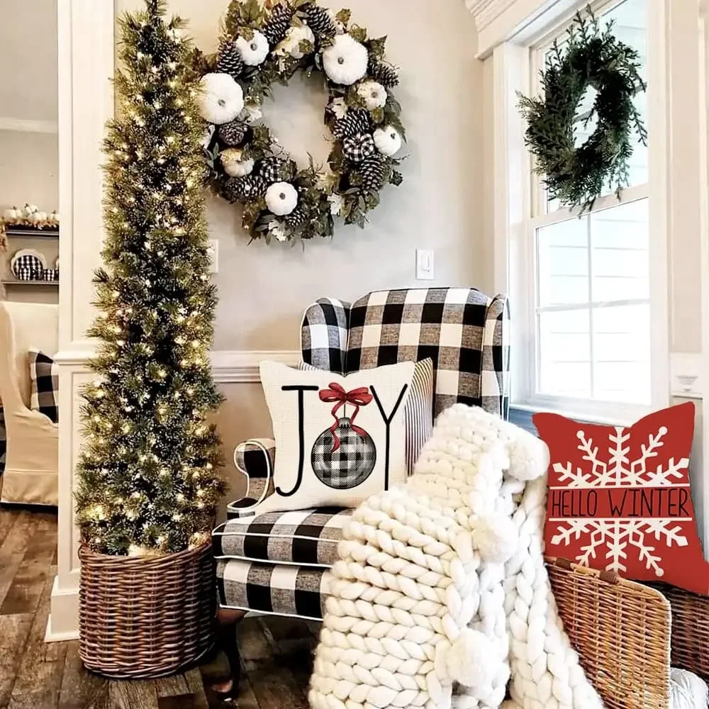 Christmas Pillow Covers  Xmas Decorations Buffalo Plaid Check Christmas Tree Joy Snow Pillow Cases  Farmhouse Decor for Couch