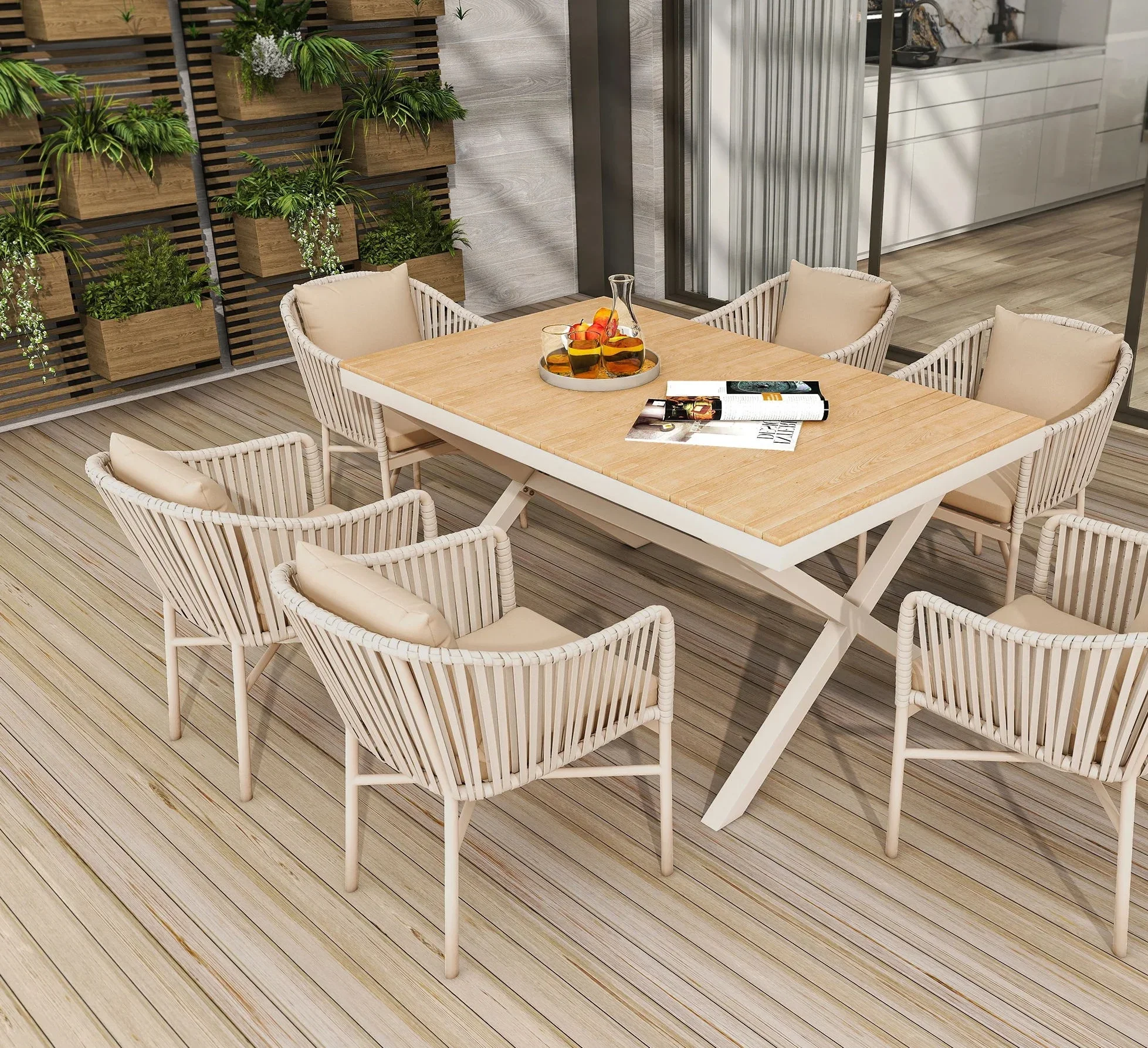 

#y Patio outdoor wood color finish garden 5 piece table chair 150cm with removable legs