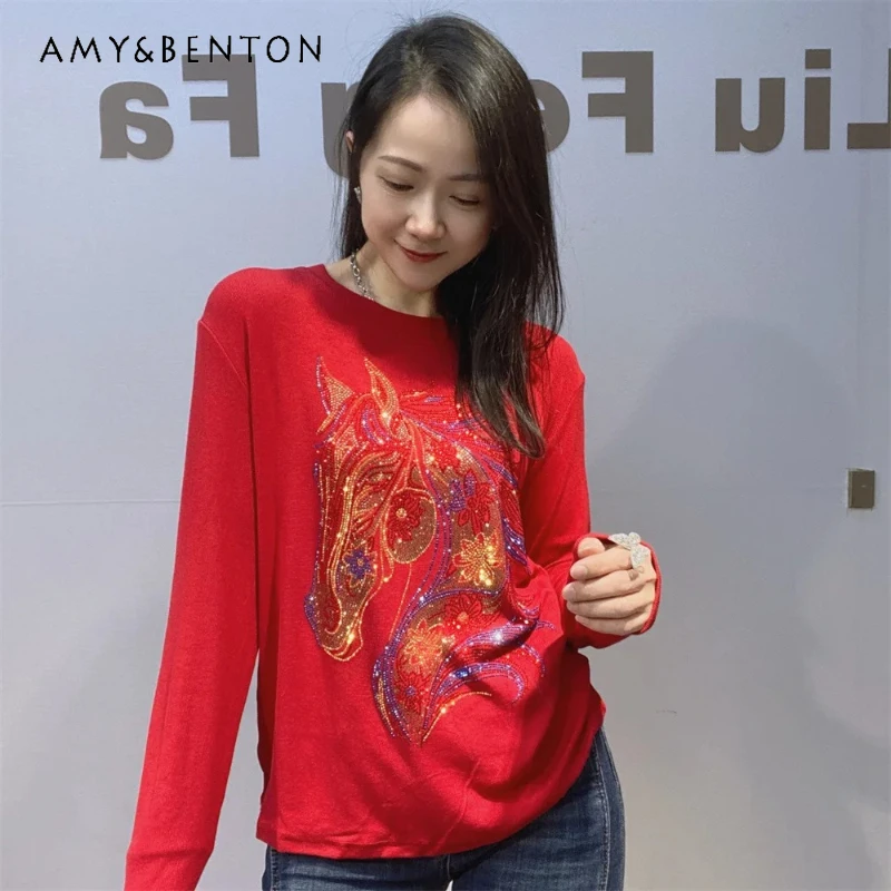 

Y2k облегающая рубашка с круглым вырезом и стразами, женская зимняя носимая рубашка с длинными рукавами, хлопковые футболки большого размера в рубчик