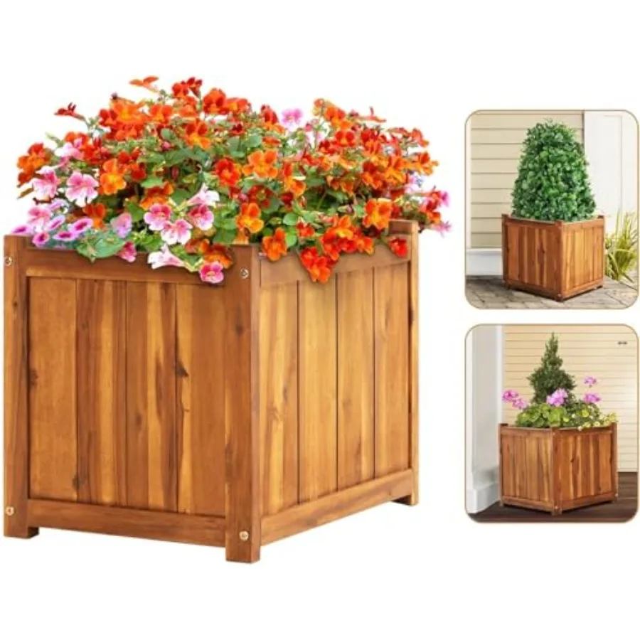 Outdoor flower box for home decor, acacia wood, natural brown, durable hardwood with ergonomic handles and drainage holes