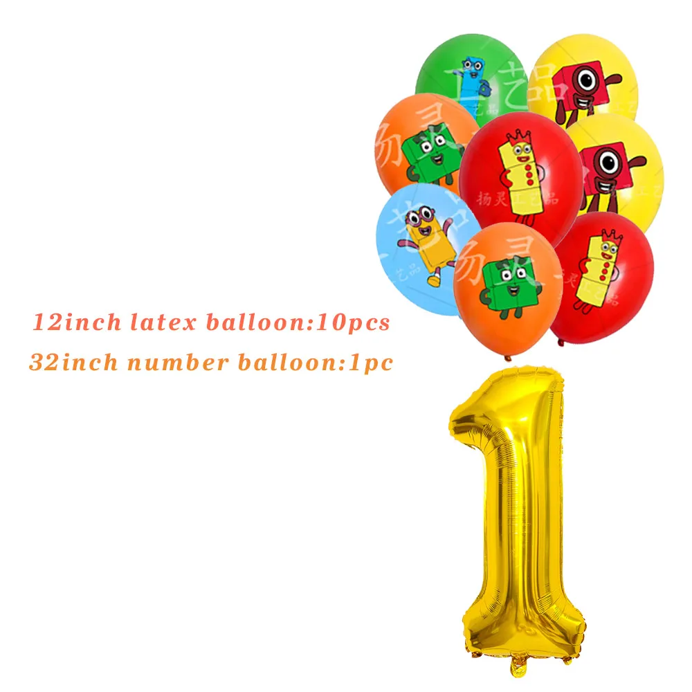 Cartoon Number Building Blocks Theme Birthday Party Decoration Disposable Tableware Balloon Banner Cake Topper Baby Shower Prop