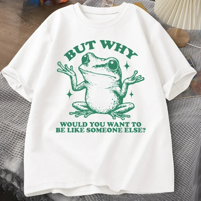Pero ¿Por qué quieras ser como alguien más? Camiseta Retro divertida con gráfico de rana para mujer, pantalón corto informal Harajuku de manga corta
