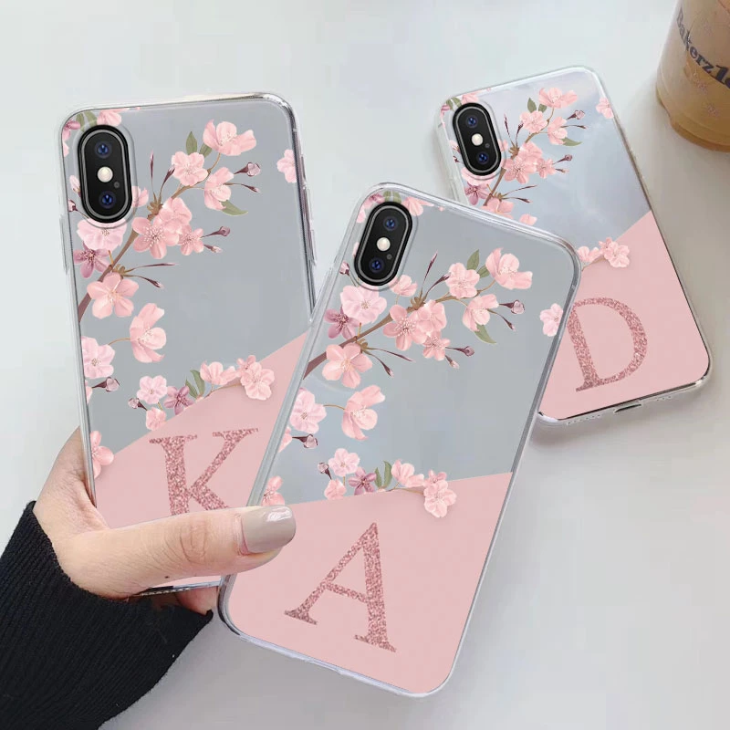Flowers Letter Case For iphone X XR XS MAX Capa Clear Soft Silicone Covers For iphone XSMAX XR