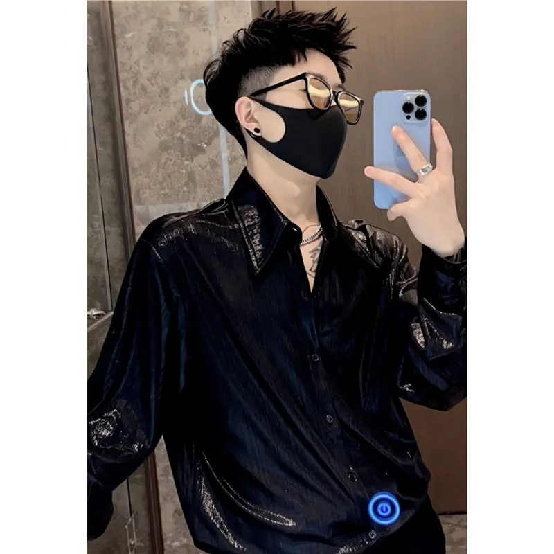Men's Casual Shirts 2026 Spring Autumn Wrinkle Sparkling Long Sleeve Shirt Solid Glossy Liquid Glass Night Club Casual Shirts