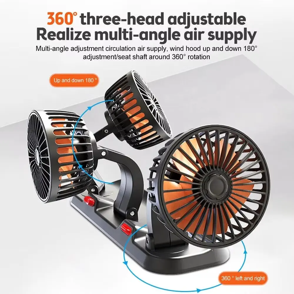 3 Heads Automobile Cooling Fan with Multiple Voltage Options,360° Adjustable 2 Speeds Car Silent Fan with Parking Number Display