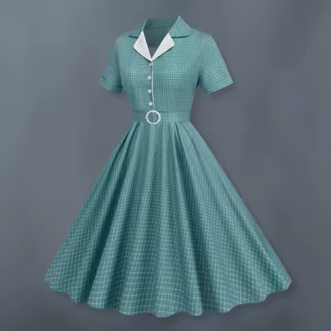 Summer Women Dress Retro Turn-down Collar Short Sleeve Half Single-breasted Evening Dress Plaid Print High Belted Midi Dress