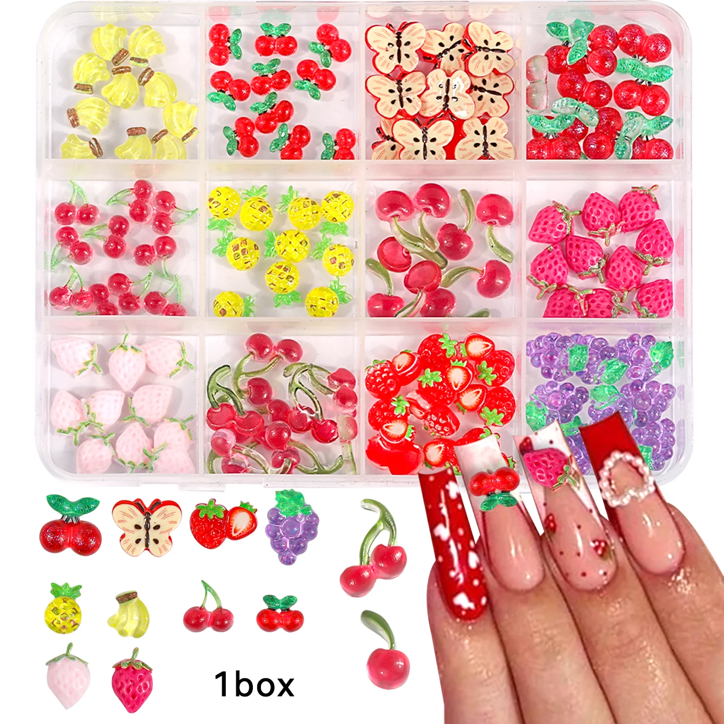 12 Grids Mixed Dopamine Resin Summer Fruit Nail Art Charms Cute 3D Cherry Strawberry Watermelon Manicure DIY Accessories Crafts