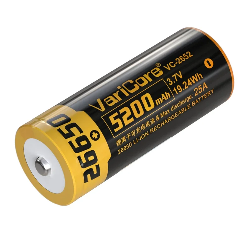 VC-2652 26650 3.7V 5200mAh Rechargeable Lithium Battery 25A No PCB Flat Top for Strong Light Flashlight Use