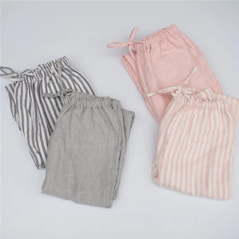 Spring Autumn Women 100% Cotton Sleep Bottoms Female Plus Size Nightwear Trousers Sleepwear Ladies Casual Striped Home Pants