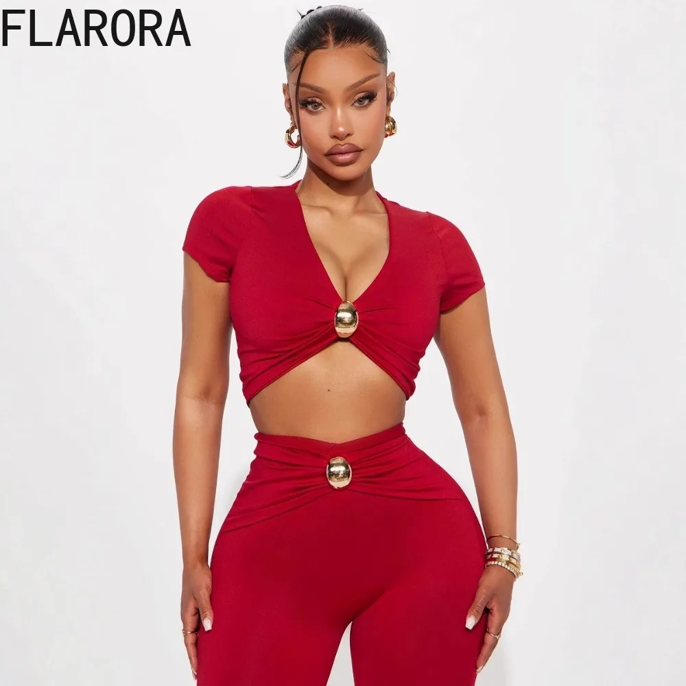 

FLARORA элегантные женские комплекты из двух предметов, женские укороченные топы с v-образным вырезом и короткими рукавами и расклешенные брюки с высокой талией, уличные спортивные костюмы