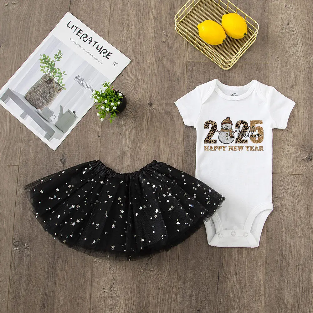 Hello 2025 Print 2 Piece Baby Girls Bodysuit Dress Set New Year Girl Short Sleeve Romper + Tutu Skirt Infant Dresses Set Outfit