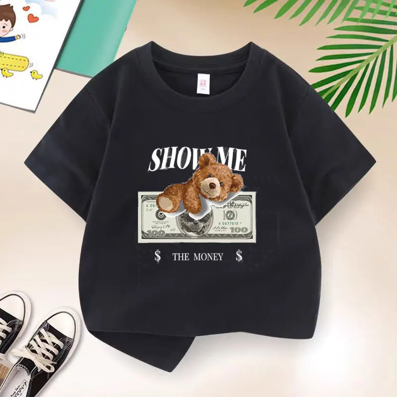 Bear Love Money Graphic Print Baby Boys T-shirt Cotton Black Tops Tee 2025 Summer Fashion Kids T Shirt Teen 6 8 10 12 Years