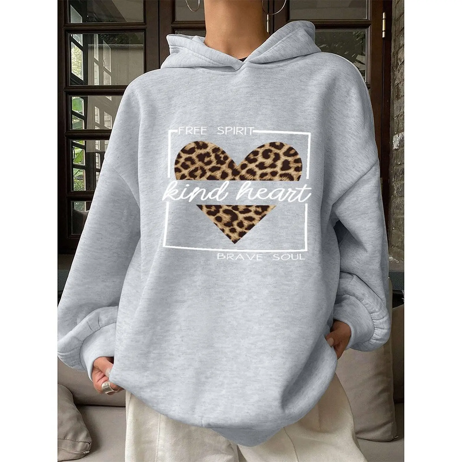 الزي اليومي أسود، رمادي كما تظهر الصور المرأة هوديي الخريف الشتاء أزياء البلوز البلوز نمط مطبوع #3