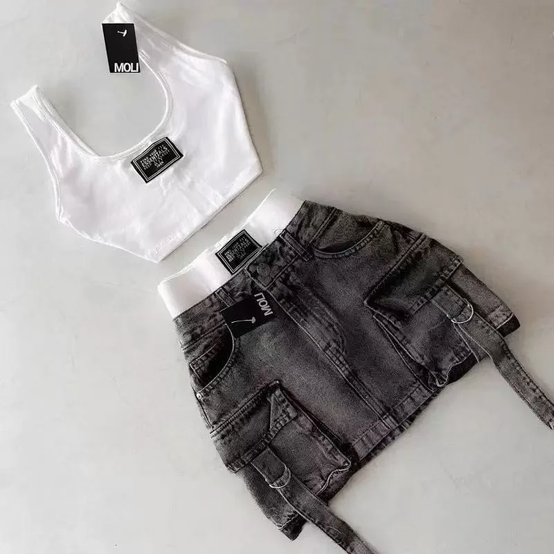Skirts Women Sexy Short Skirt Slim Fit Casual Regular Jeans Elegant Splice Denim High Waist Hip Wrap A Line Pockets Summer