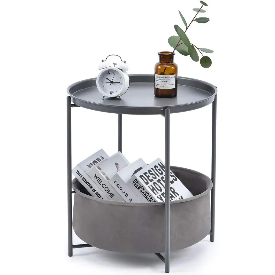 

End Table, Metal Nightstand, Coffee Round Table, Sofa Side Snack Table with Detachable Tray Top and Fabric Storage Basket, Scand