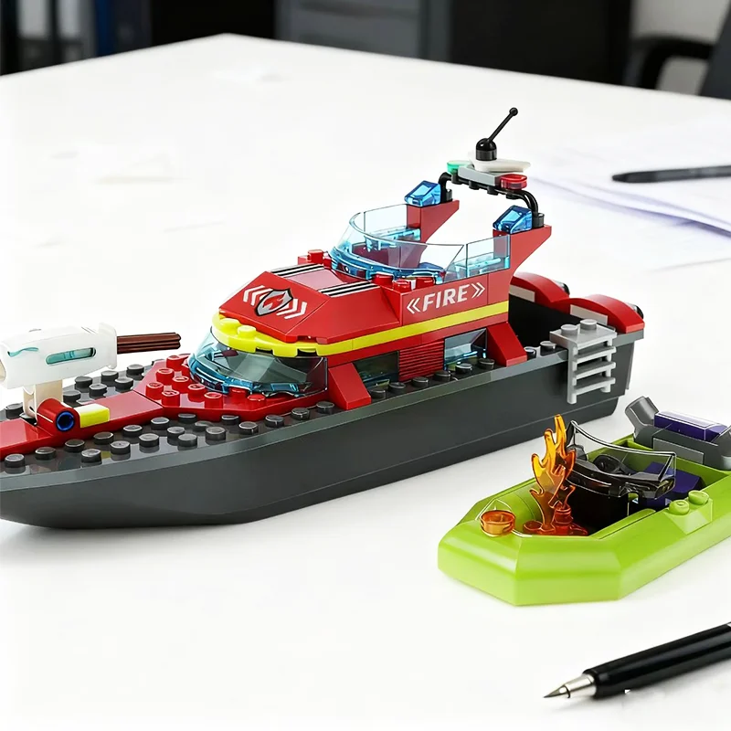 

Совместимые наборы MOC для третьих вечеринок, городская серия, строительные блоки, пожарная лодка, морской скоростной катер, детские игрушки, сборка подарка