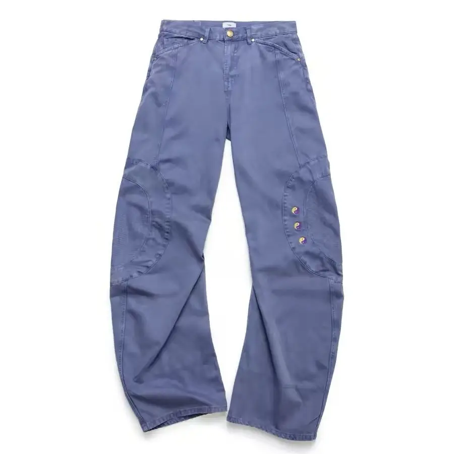 American street Tai Chi embroidery design scimitar overalls French blue washed distressed casual loose trousers