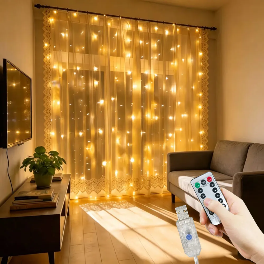 Festoon Remote Control Curtain Light String USB Power 8 Modef Christmas Garland Fairy Lights for Holiday Bedroom Home Decoration