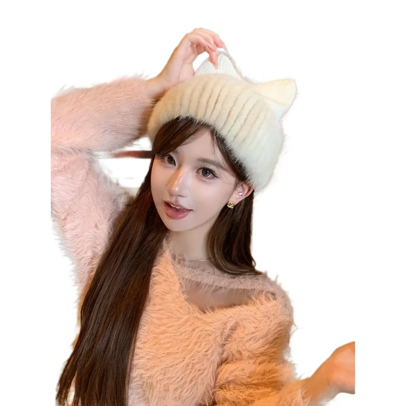 

Милая меховая шапка с кошачьими ушками, волосы норки с вязаными волосами, эластичная мошеница, осенне-зимняя теплая большая окружность головы