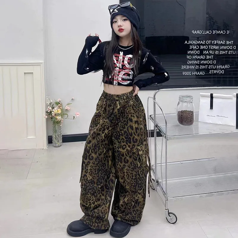 

Kid Hip Hop Crop Tops Leopard High-waist Cargo Pants Street Dance Outfits Girl Streetwear Costumes Group Jazz Stage Clothes Sets