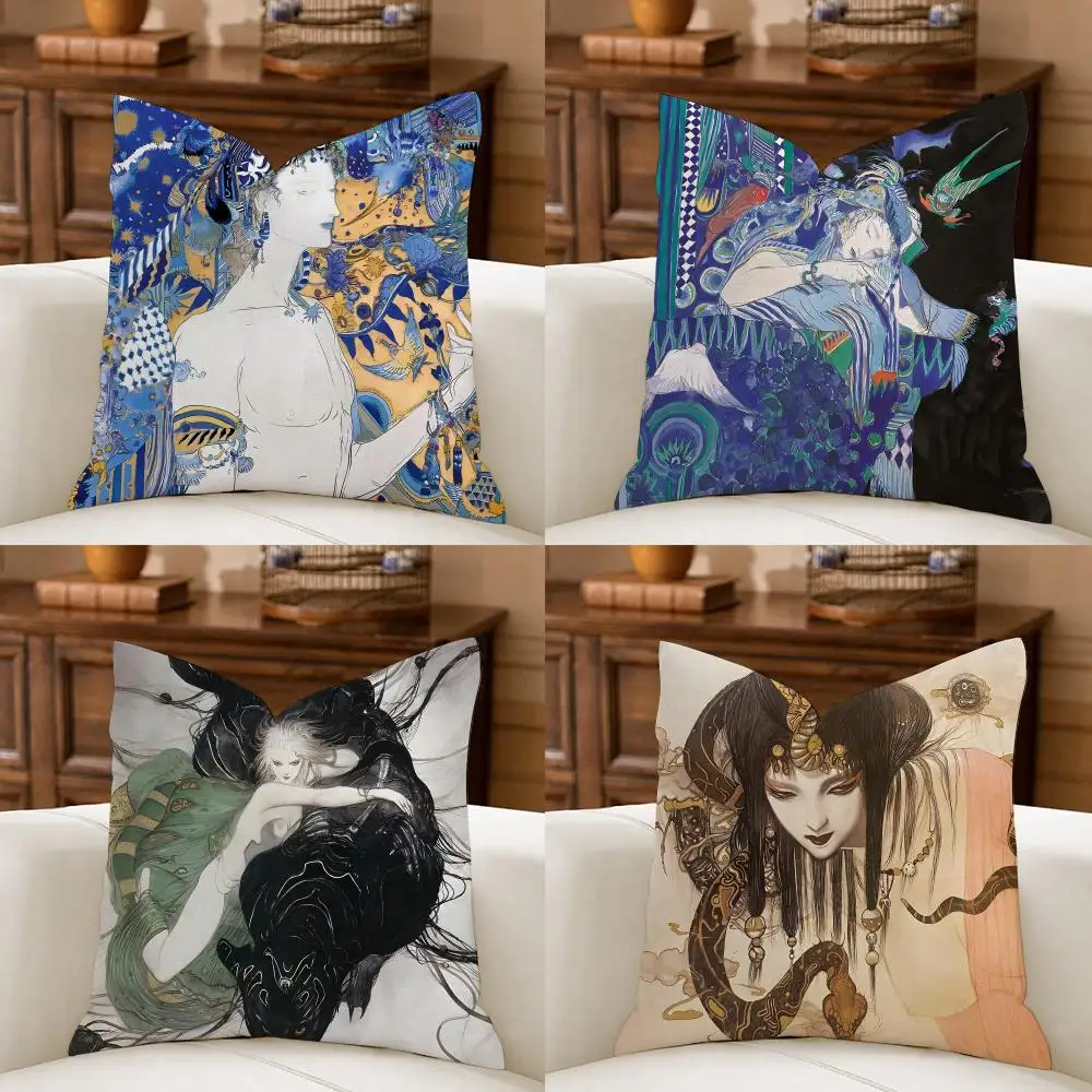 Y-Yoshitaka Amano Art Cushion Cover Organic Linen Square Pillow Case Durable Non-Allergenic And Kind To Skin