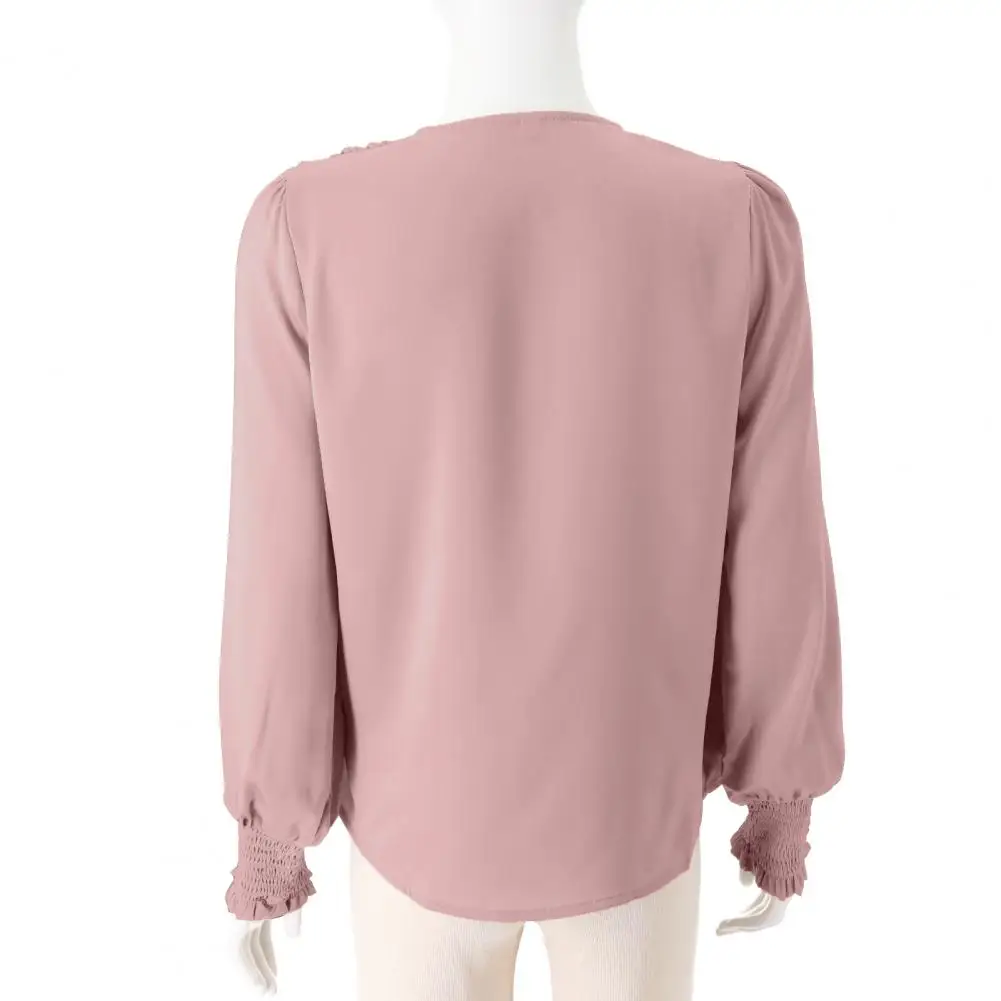 Stylish Party Top Women Solid Color Top Chic Lantern Sleeve Women's Tops Elegant V-neck Shirts for Commuting Parties in Soft