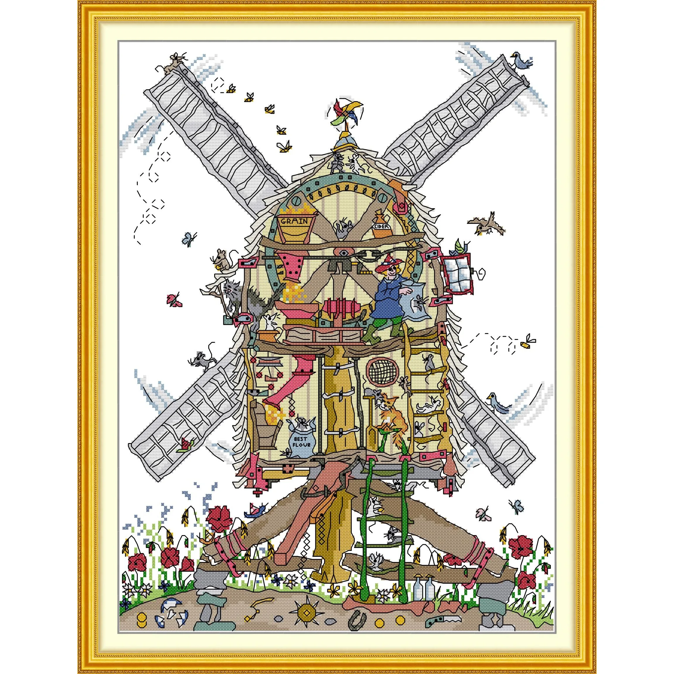

Joy Sunday Pre-printed Cross Stitch Kit Easy Pattern Aida Stamped Fabric Embroidery Set-Pinwheel