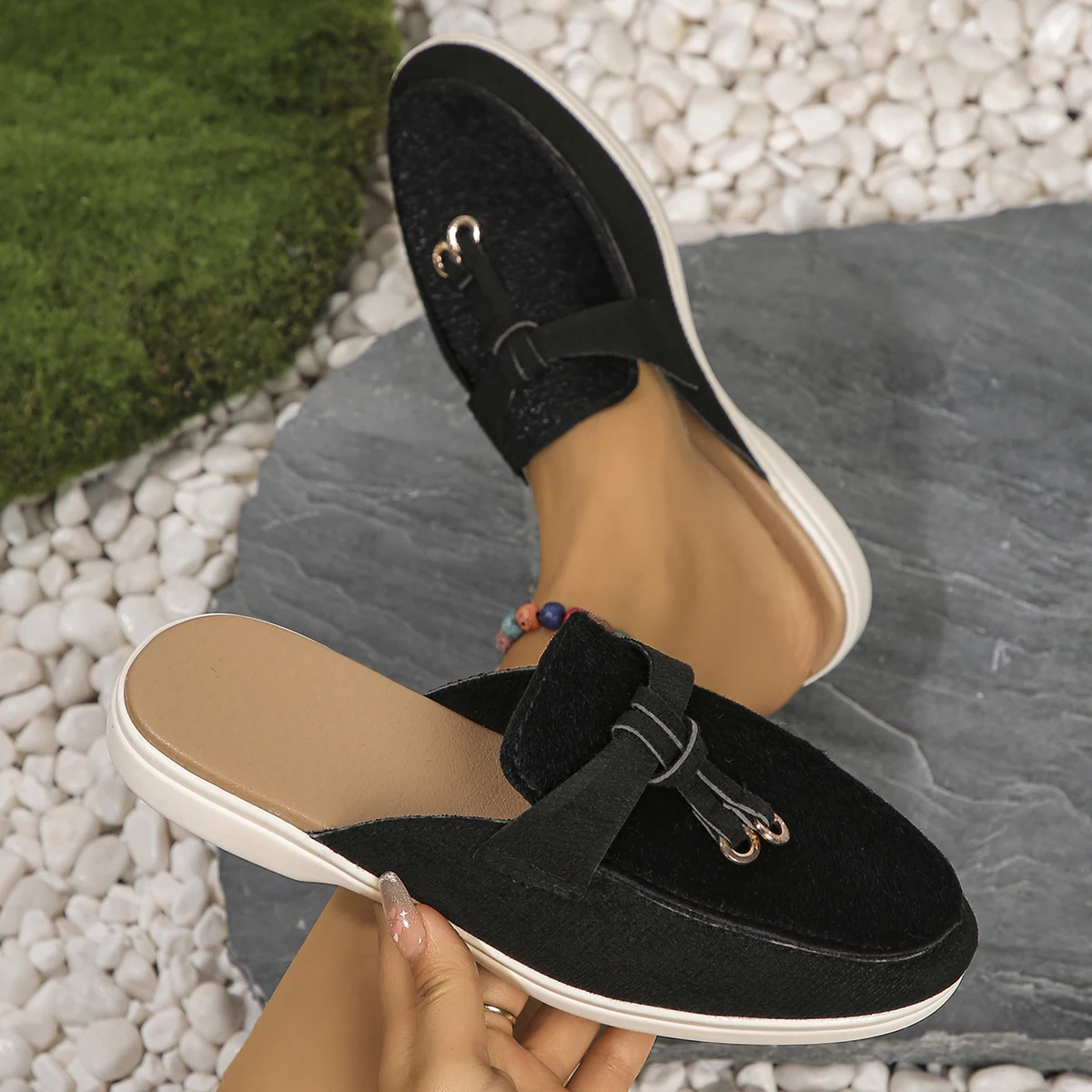 Spring Autumn Flat Bottom Lock Tassel Fashion Women Loafers Single Casual Metal Buckle Slipper Mules Comfortable Slip on Shoes