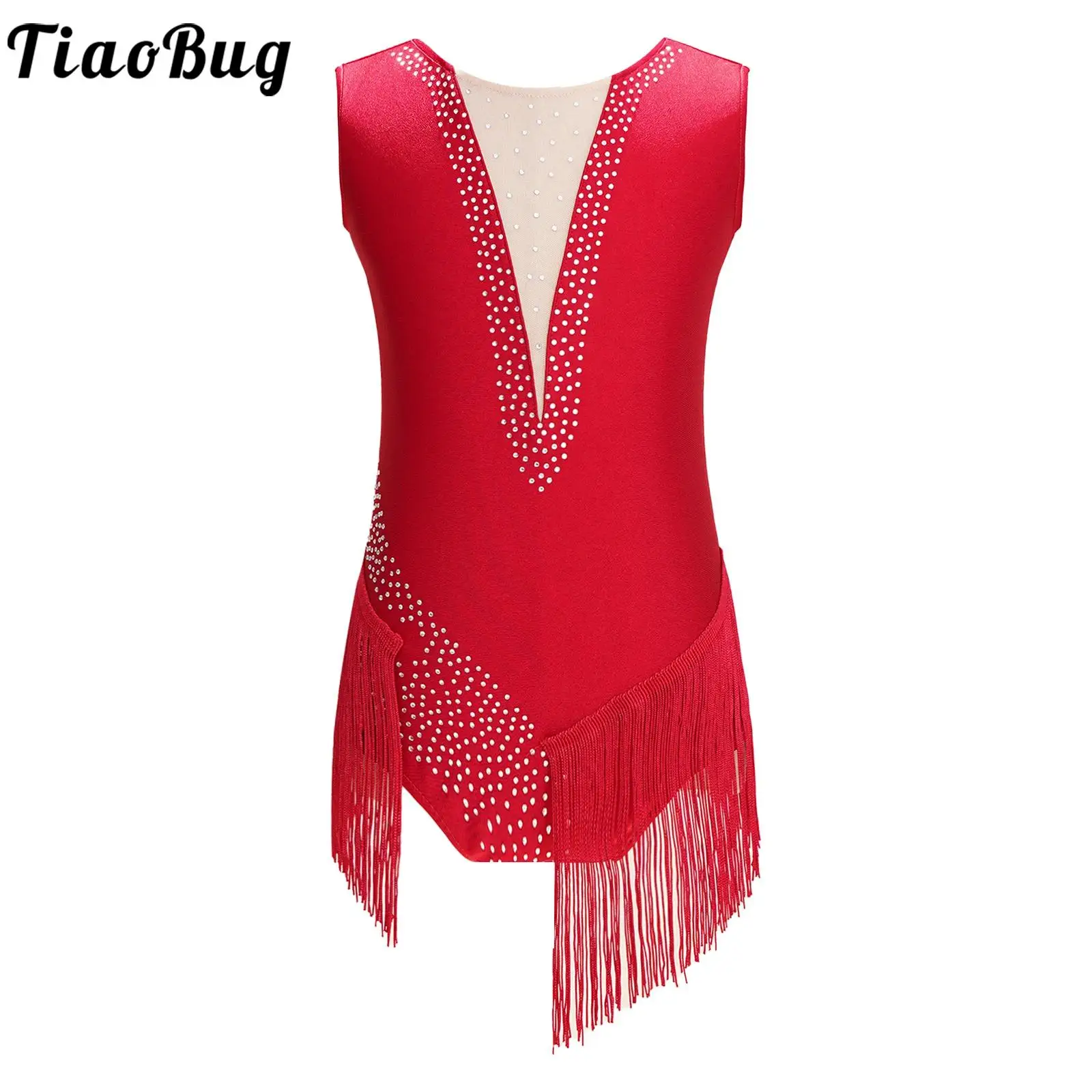 Kids Girls Rhinestones Tassel Leotard for Figure Skating Dance Rhythmic Gymnastics Sleeveless Fringed Bodysuit Dress Costume