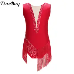 Kids Girls Rhinestones Tassel Leotard for Figure Skating Dance Rhythmic Gymnastics Sleeveless Fringed Bodysuit Dress Costume